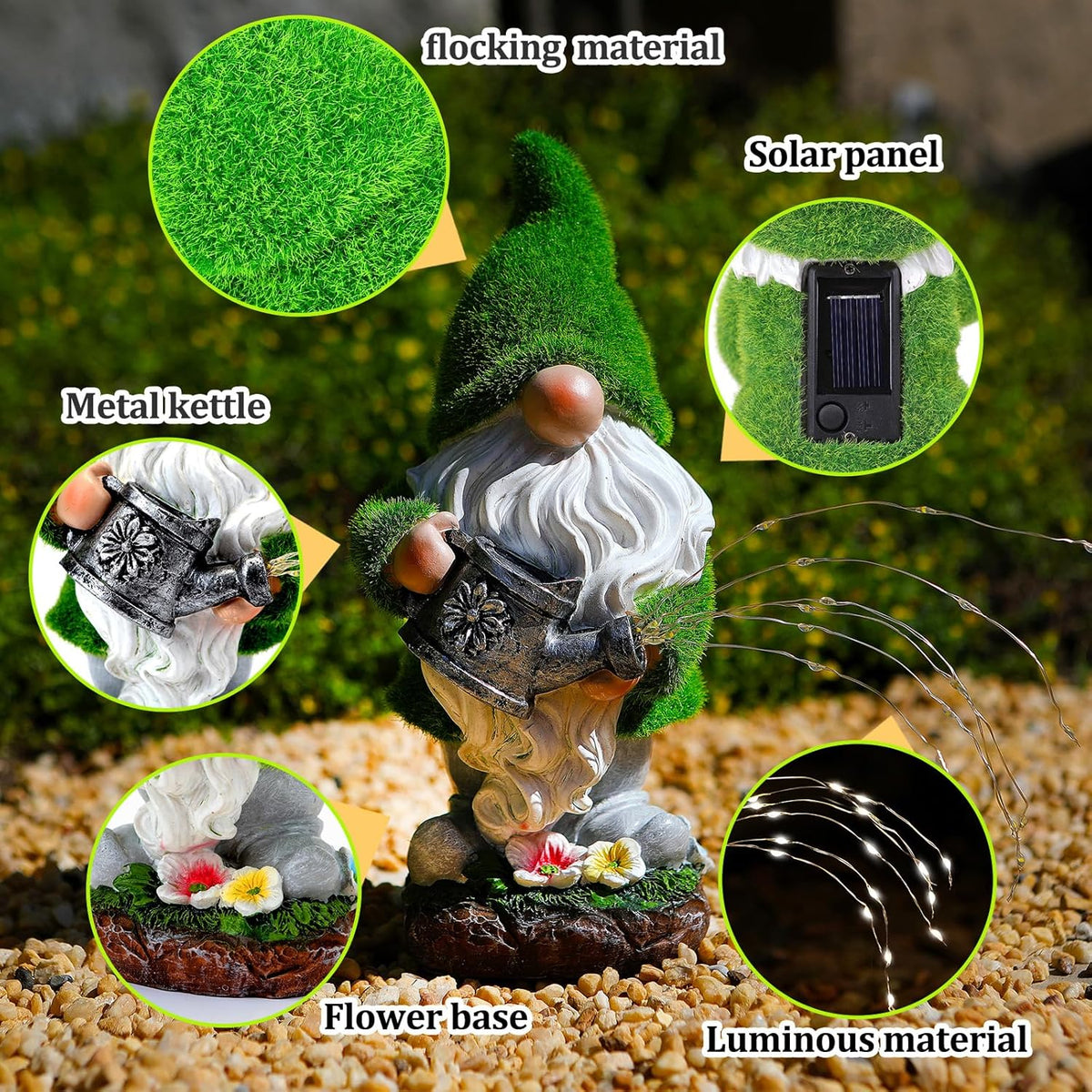 Flocked Solar Garden Gnomes Outdoor Statues-11.8‘’Outdoor Garden Decor-LED Outdoor Decor