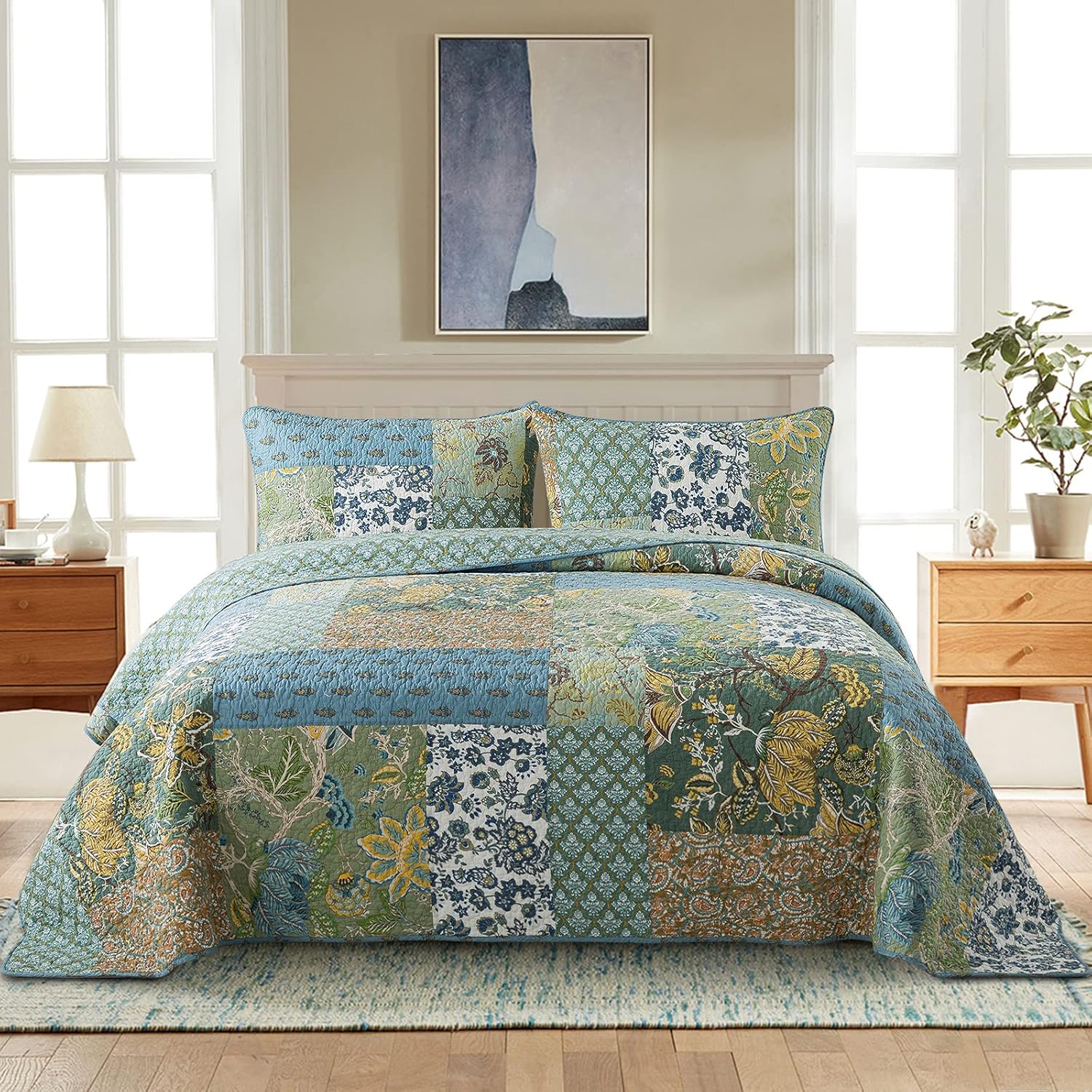NEWLAKE Cotton Patchwork Bedspread, 3-Piece Bedding Quilt Set with Real Stitched Embroidery