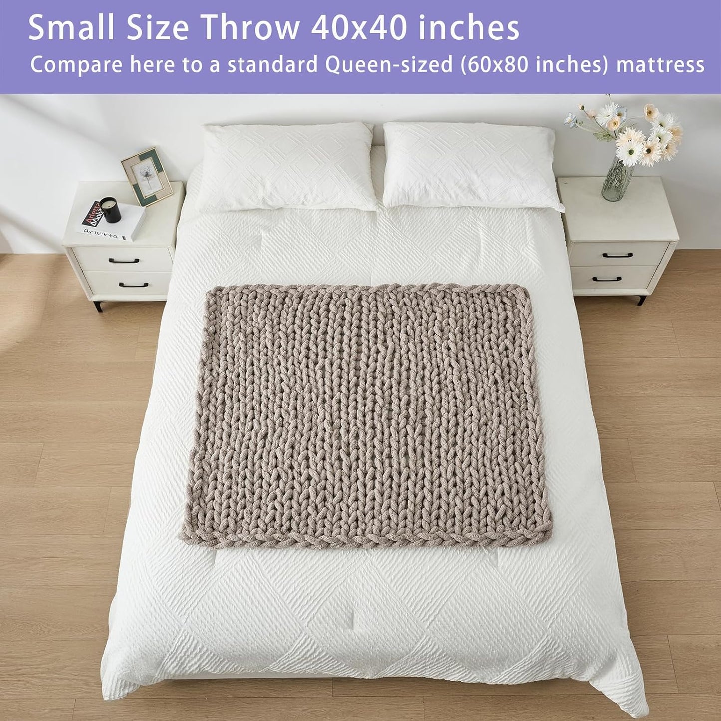 Bigacogo Chunky Knit Throw Blanket for Couch, 40x40 inches, 100% Hand Knitted with Thick Jumbo