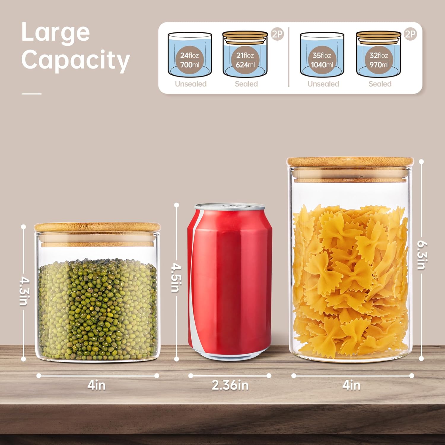 32oz & 21oz - 4 Pack Glass Jars with Bamboo Lids, Glass Pantry Storage Containers with Airtight