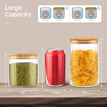 32oz & 21oz - 4 Pack Glass Jars with Bamboo Lids, Glass Pantry Storage Containers with Airtight