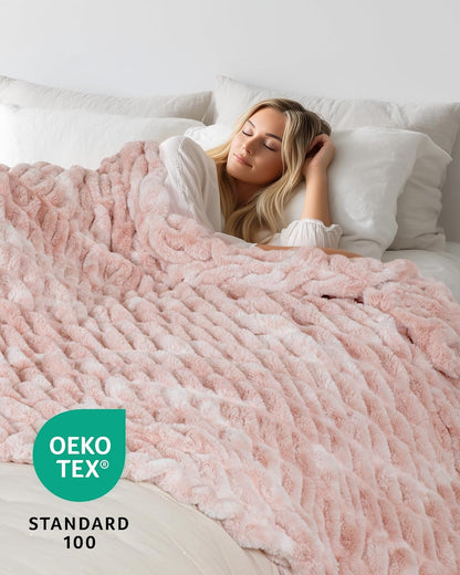 Faux Fur Blanket, Twin Size Oversized Throw Blanket for Couch, Fluffy Blanket with Stretch Ruched
