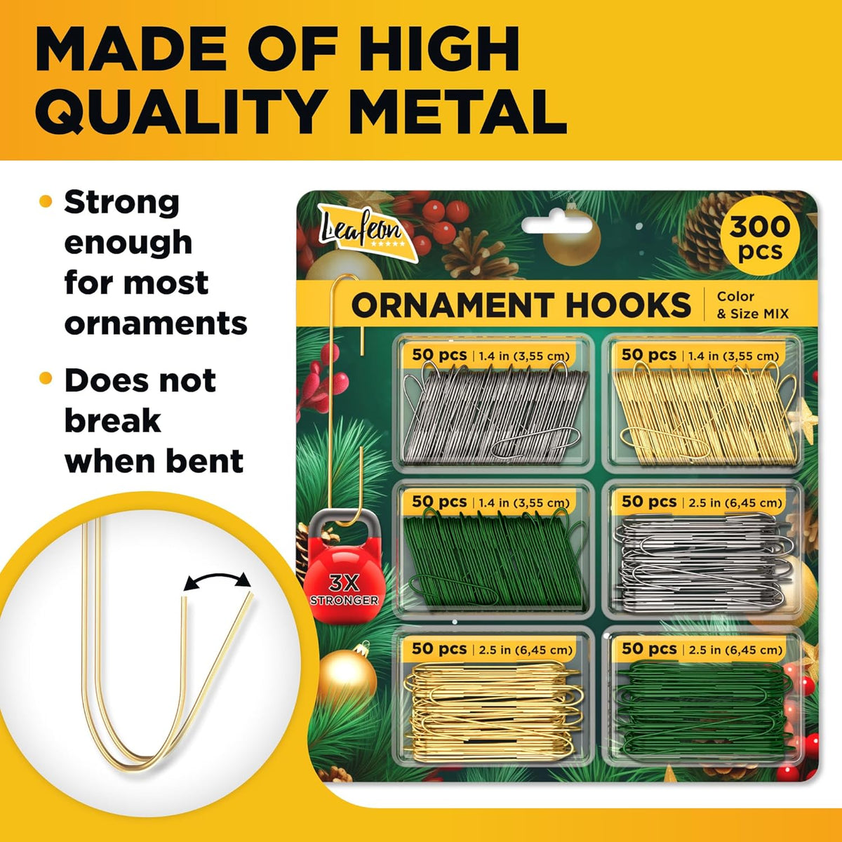Leafeon 300 Pack Christmas Ornament Hooks - Gold Green Silver Ornament Hanger for Christmas