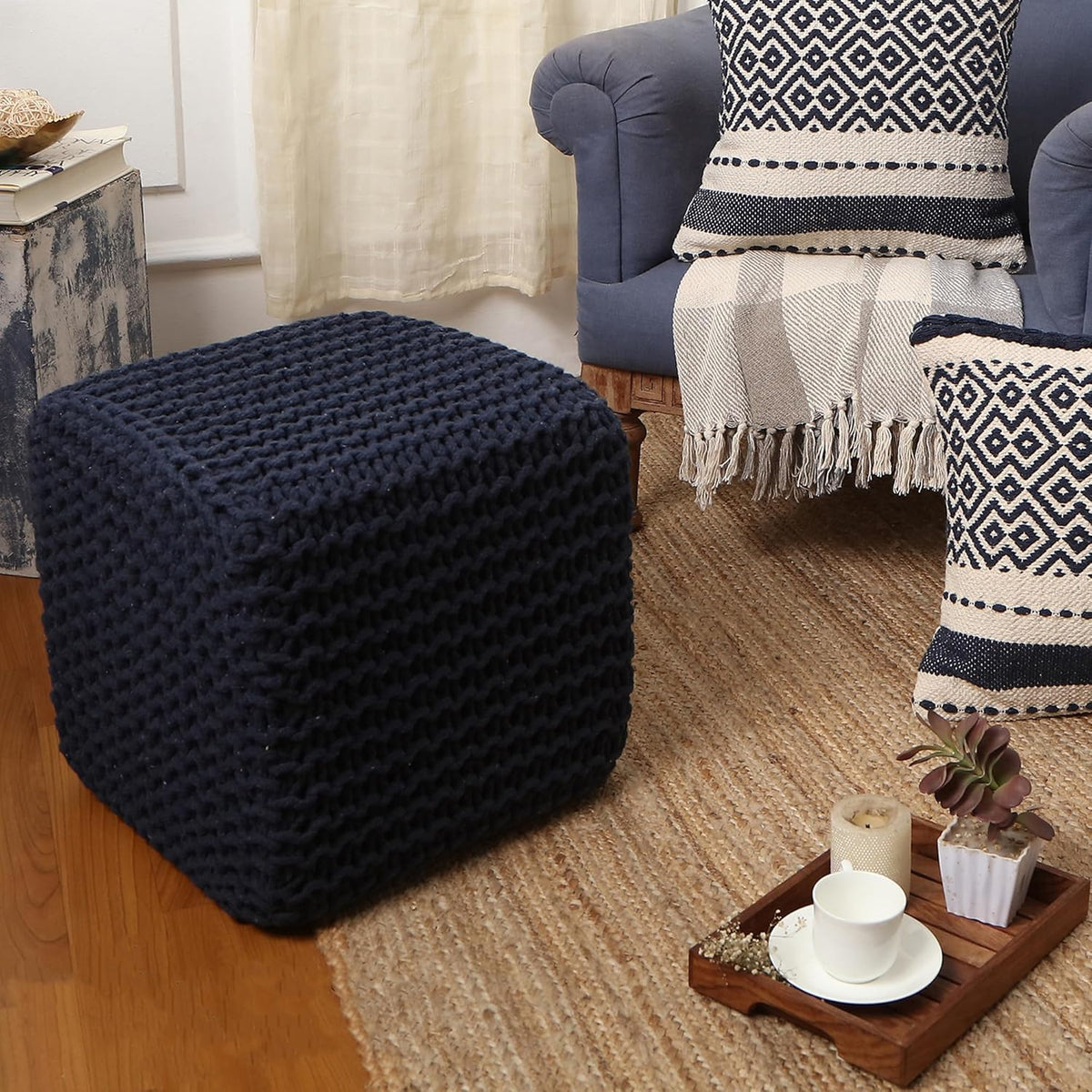 REDEARTH Square Hand Knitted Pouf - Foot Stool Ottoman Coffee Table - Cotton Cord Boho Pouffe