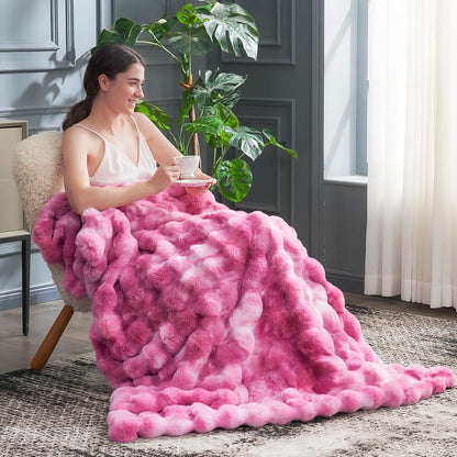 Cozy Bliss Faux Fur Throw Blanket for Couch, Fuzzy Soft Plush Thick Bubble Blanket for Sofa Bedroom