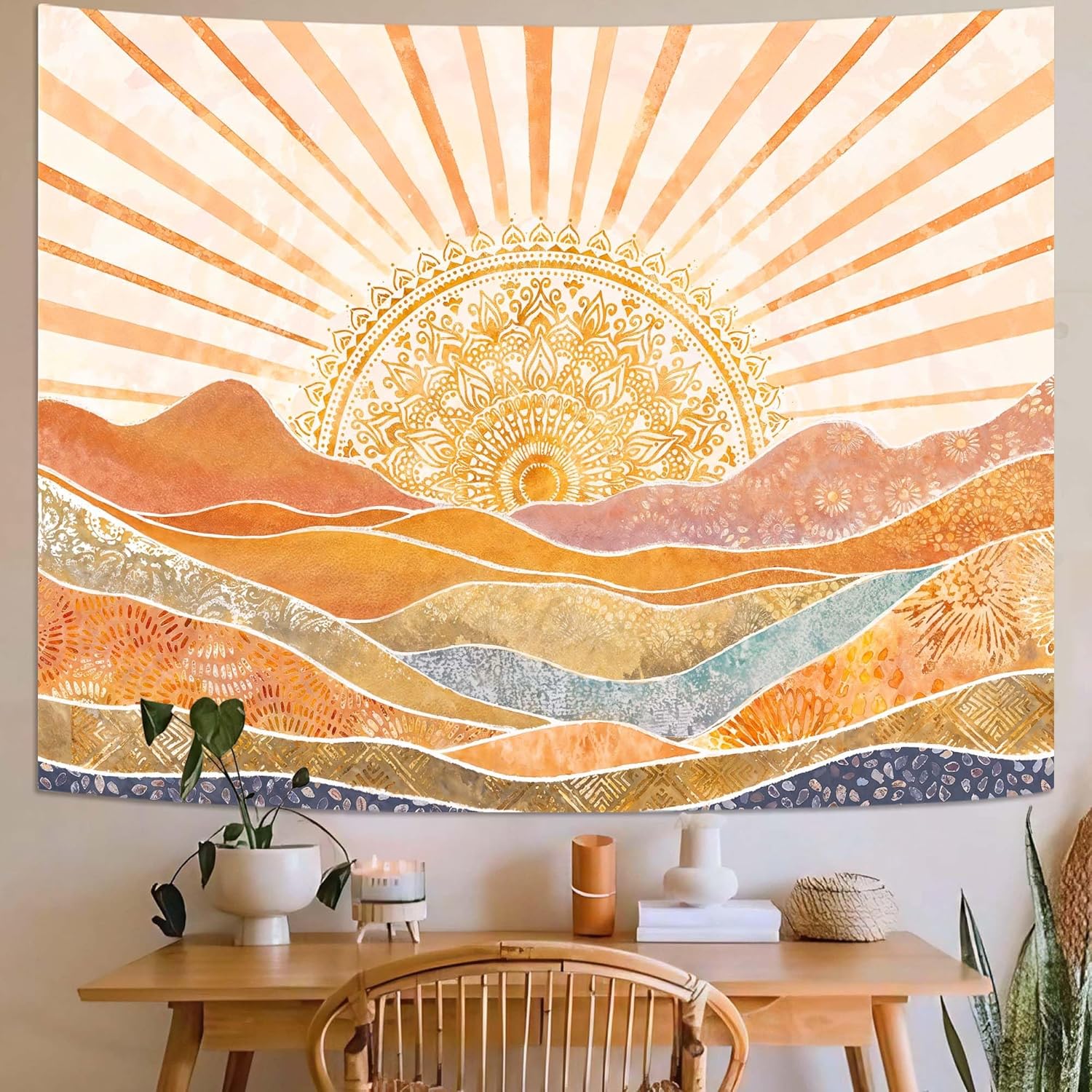 Lunerfex Bohemian Mandala Sunrise Wall Tapestry, Abstract Mountain Scenery Tapestries for Home