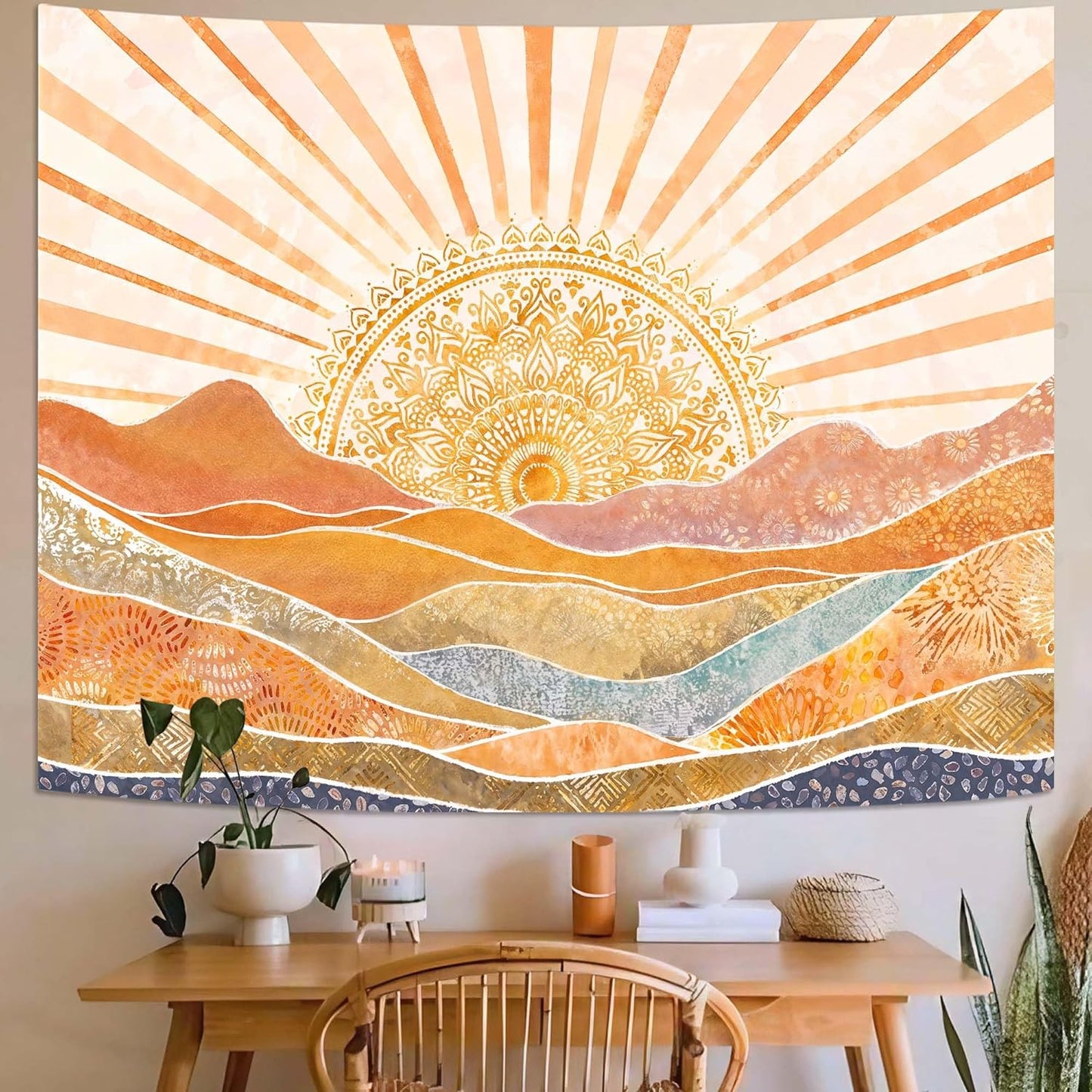 Lunerfex Bohemian Mandala Sunrise Wall Tapestry, Abstract Mountain Scenery Tapestries for Home