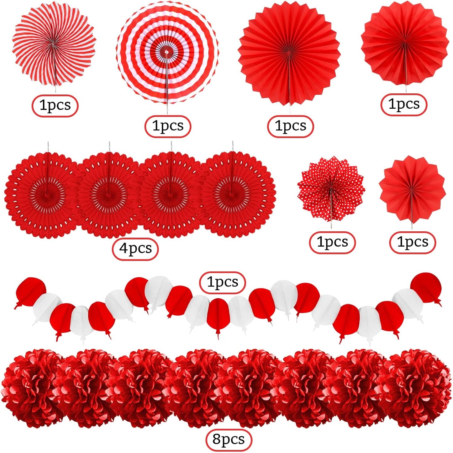 Red Party Decorations, Papar Fans Pompoms Fans Garlands for Birthday Bridal Baby Shower Wedding