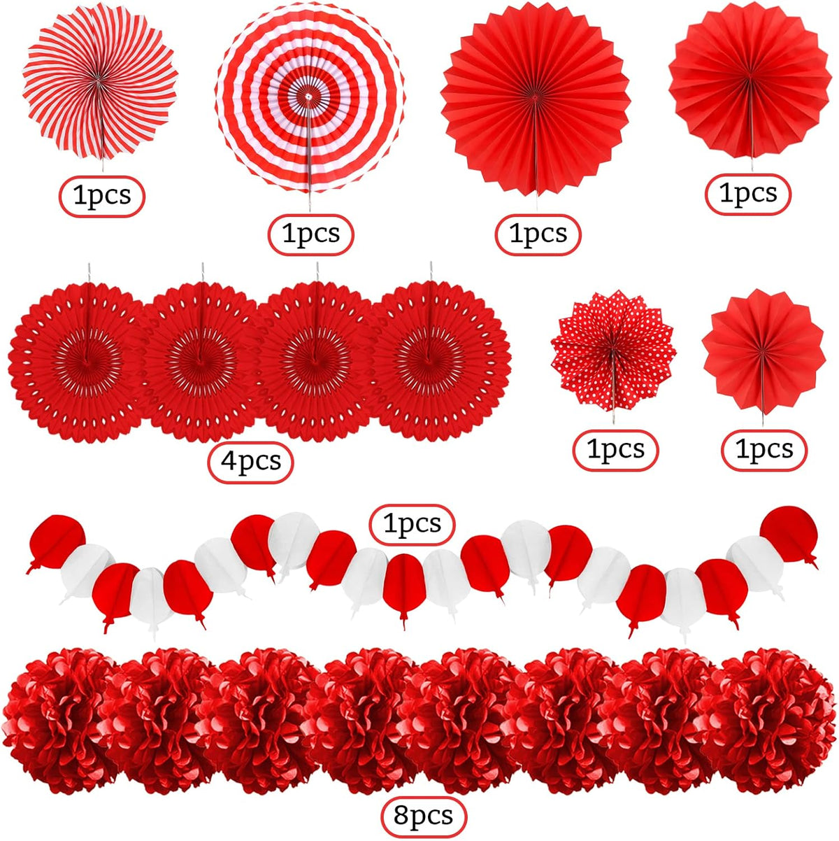 Red Party Decorations, Papar Fans Pompoms Fans Garlands for Birthday Bridal Baby Shower Wedding