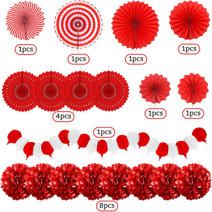 Red Party Decorations, Papar Fans Pompoms Fans Garlands for Birthday Bridal Baby Shower Wedding