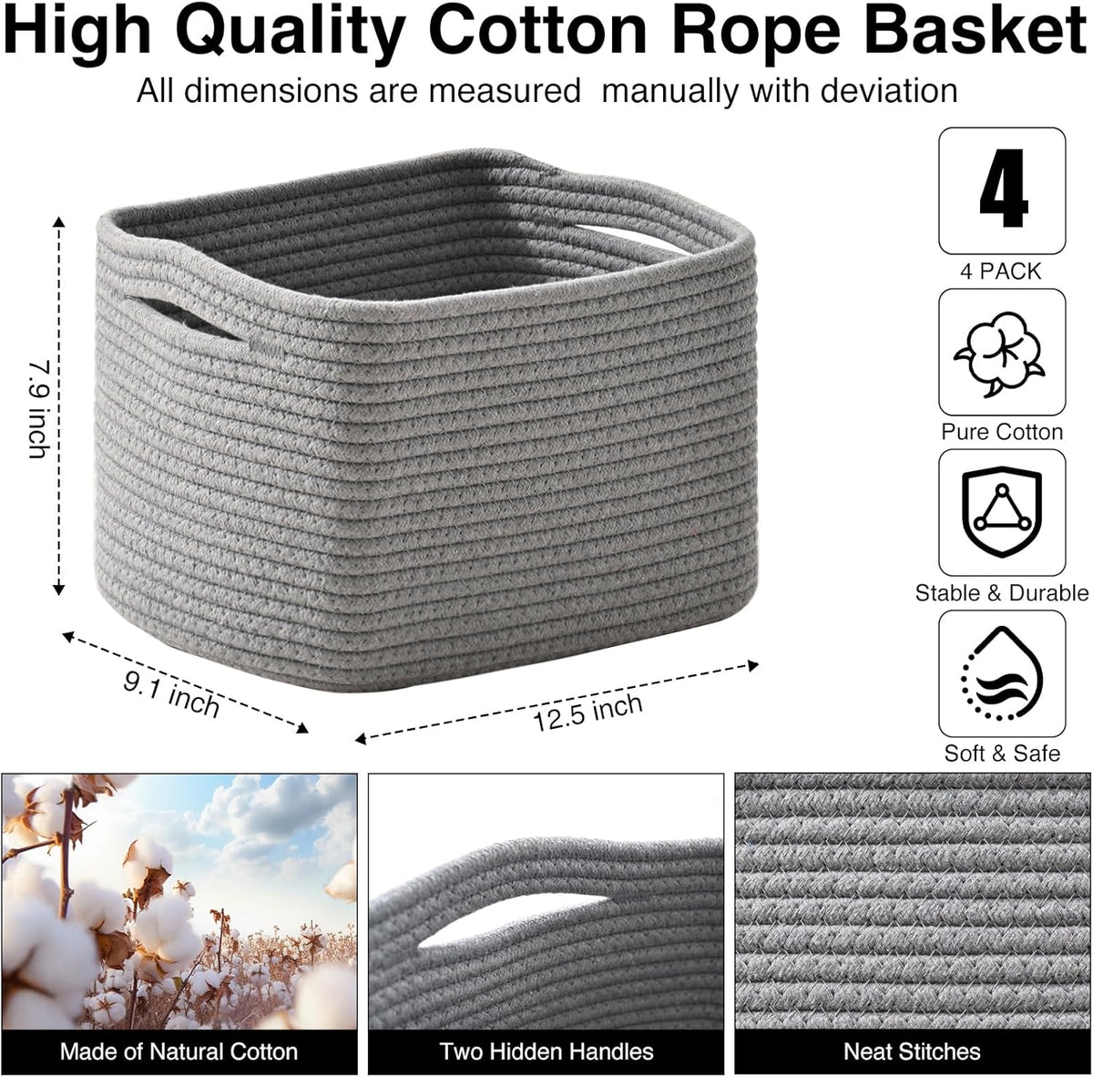 Small Storage Baskets for Shelves Organizing, Woven Cotton Rope Baskets for Storage, Book Basket