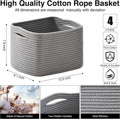Small Storage Baskets for Shelves Organizing, Woven Cotton Rope Baskets for Storage, Book Basket