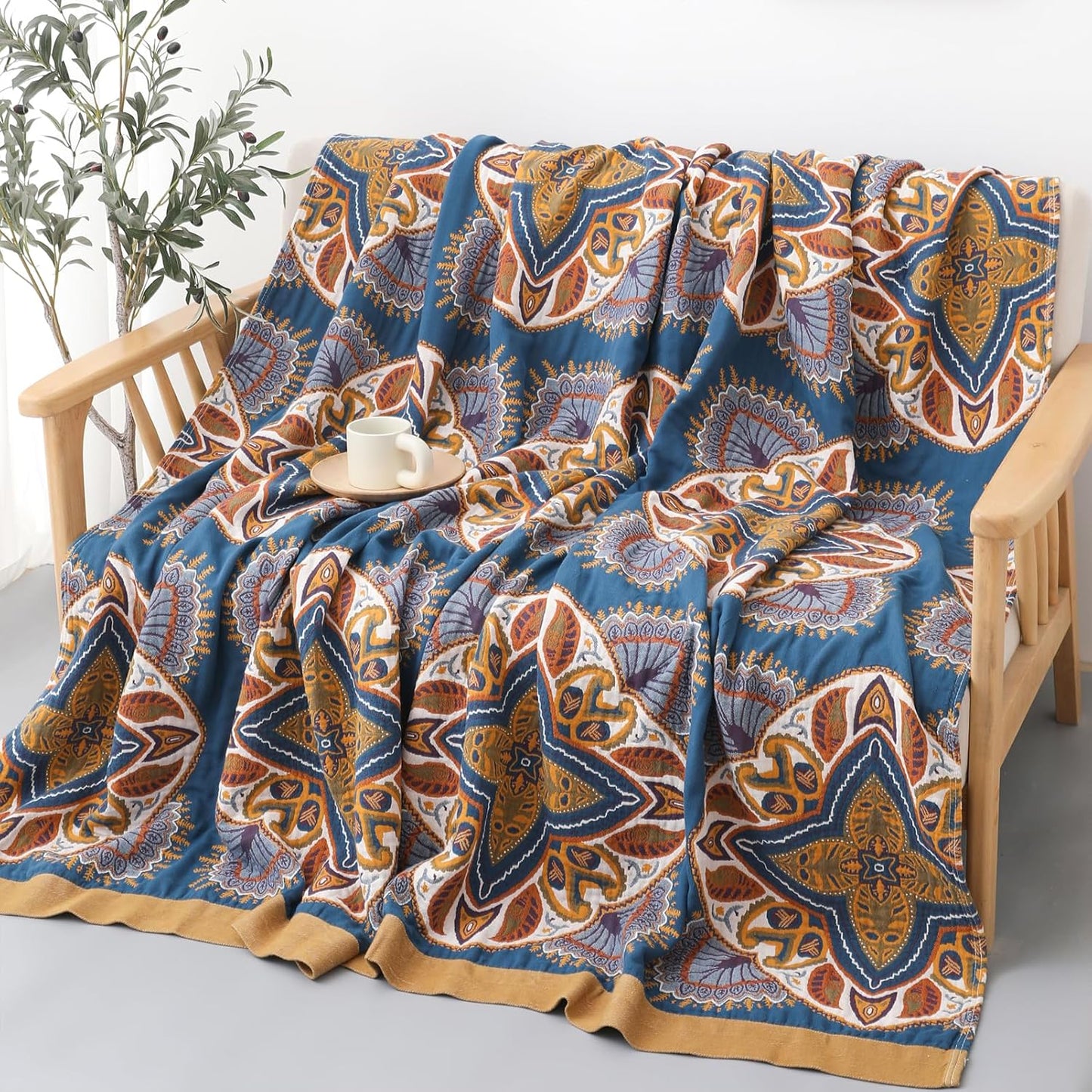 Snycler Boho Throw Blanket for Bed - 100% Cotton Ultra Soft Rustic Quilt Blanket Orange Green