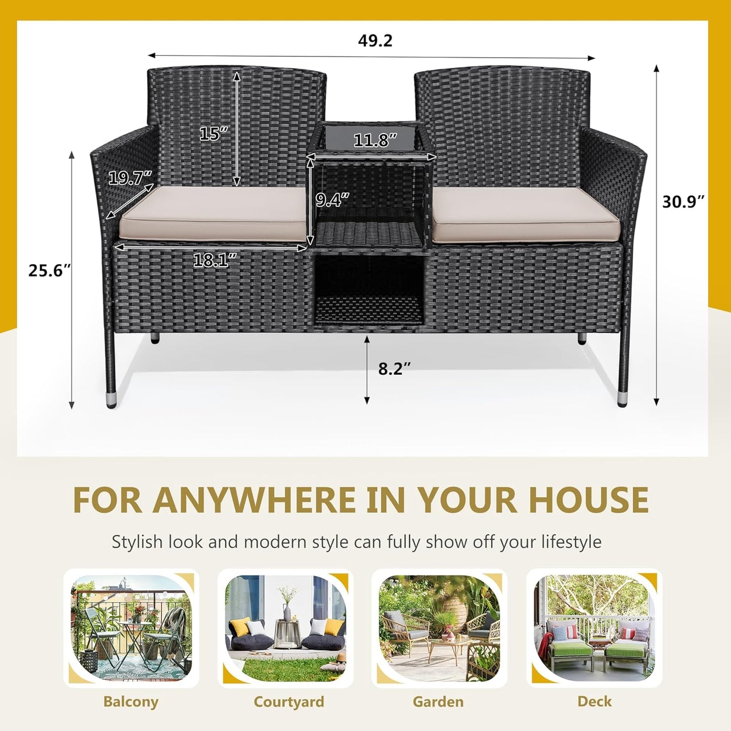 Flamaker Outdoor Furniture Patio Loveseat Wicker 2-Seat with Built-in Table and Cushions Rattan