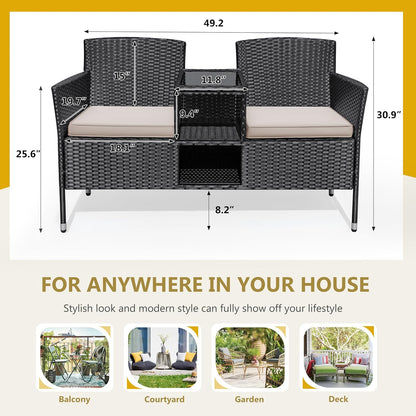Flamaker Outdoor Furniture Patio Loveseat Wicker 2-Seat with Built-in Table and Cushions Rattan