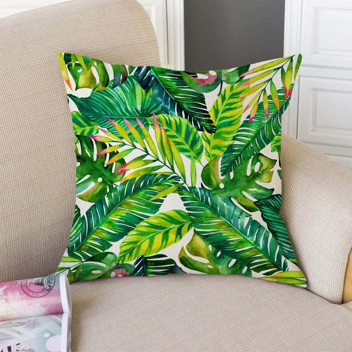 TSSOHU Orange Leaves Outdoor Throw Pillow Cover - Green Tropical Palm, Banana Leaves Decorative