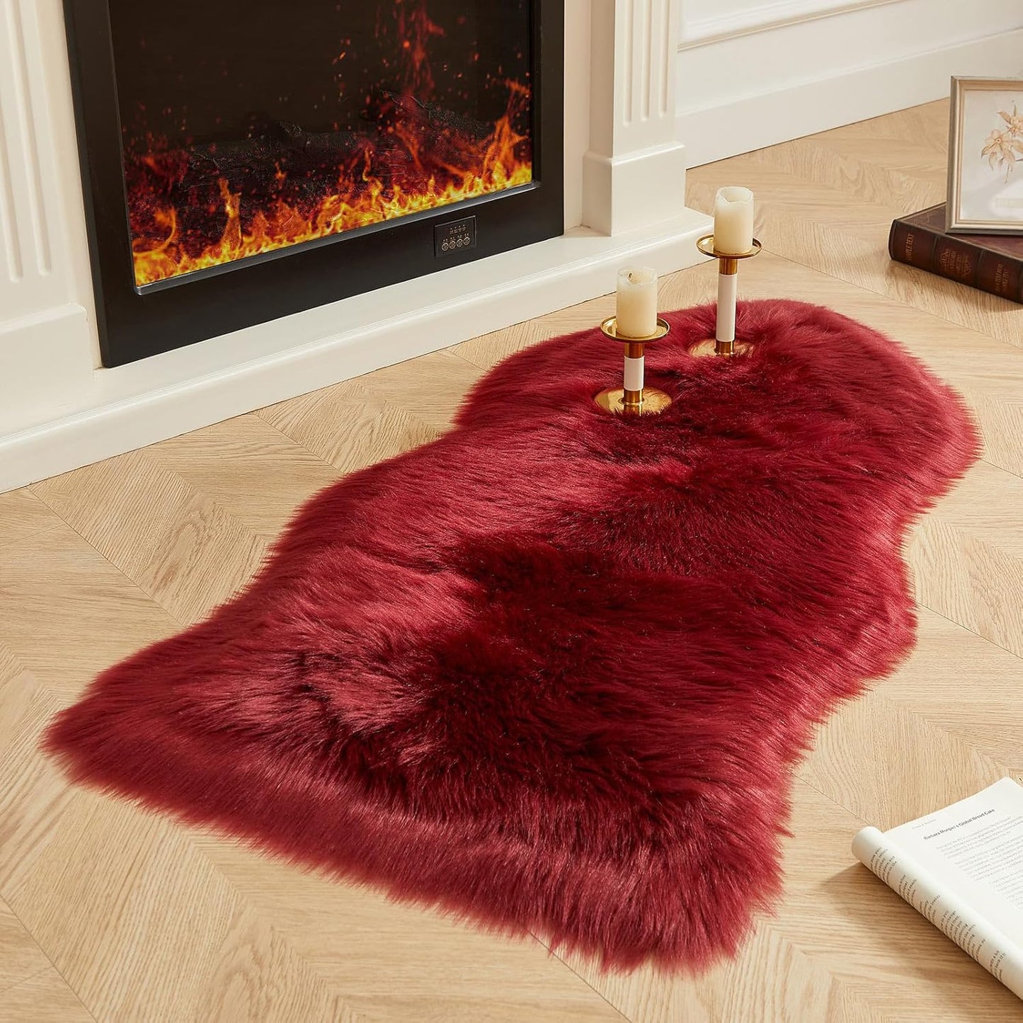 AMTOVO Faux Fur Rug, Burgundy Area Rug, Fluffy Sheepskin Rug, Fuzzy Ultra Soft 2 x 4 ft Shag Rugs