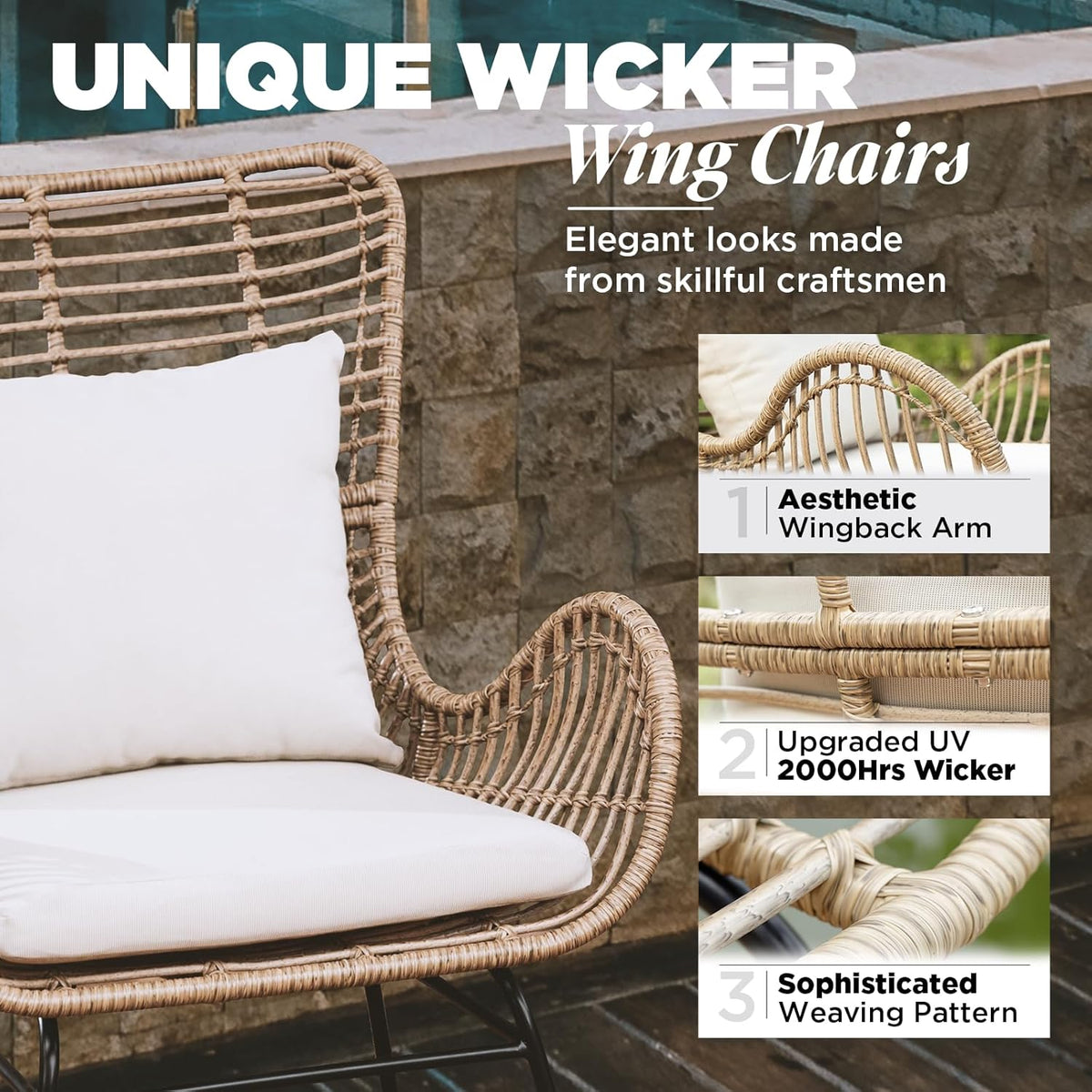 IDZO Isabelle Upgraded 2000 Hours UV Wicker Chairs Outdoor Set of 2, 500 lbs Capacity Outdoor Patio