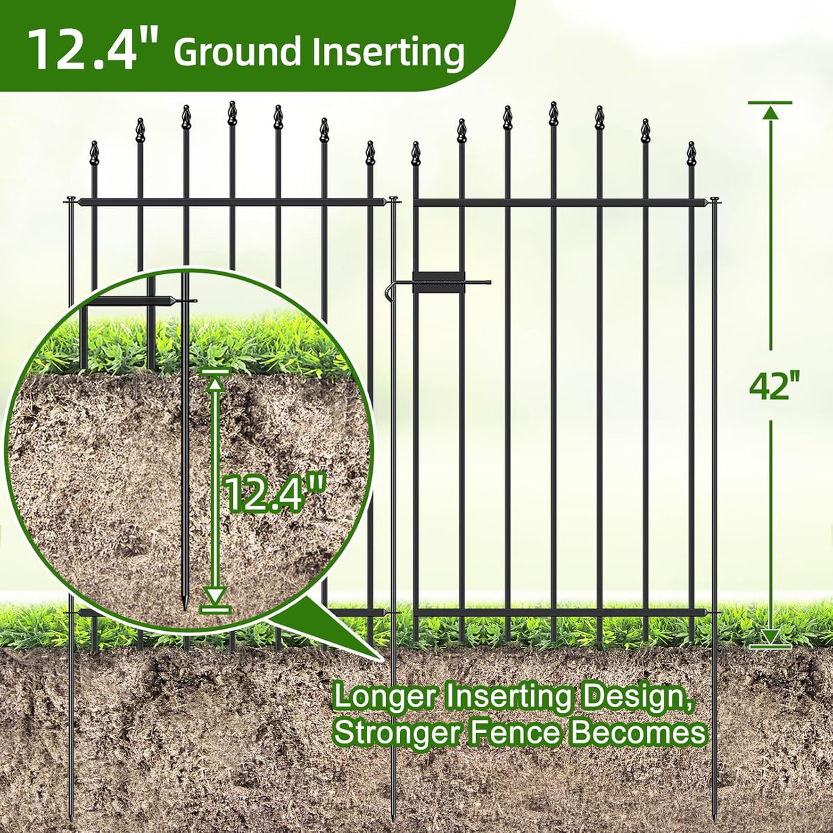 Metal Garden Fence with Gate 42 in H x 12 ft L, 1 Gate + 5 Panels Border Dog Fence Panels Animal