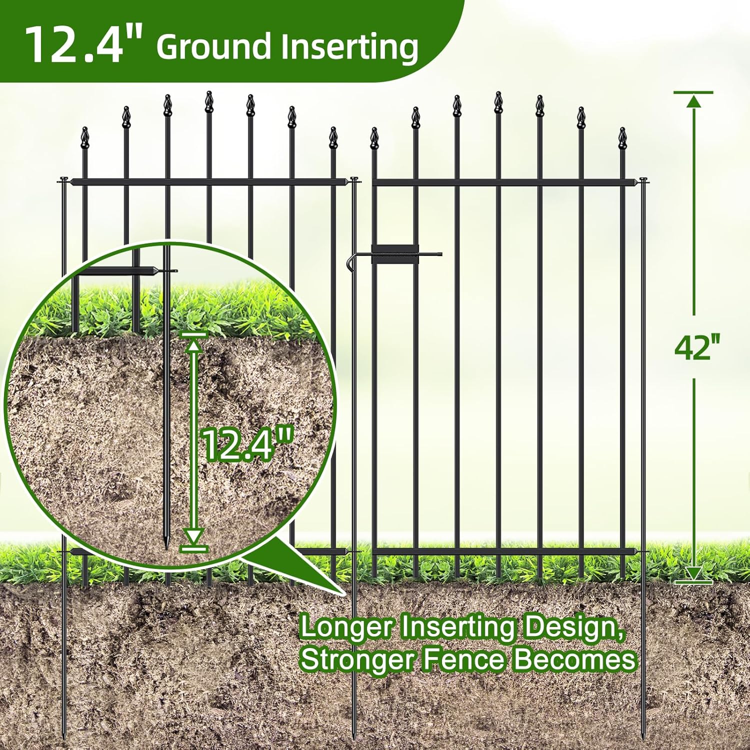Metal Garden Fence with Gate 42 in H x 12 ft L, 1 Gate + 5 Panels Border Dog Fence Panels Animal