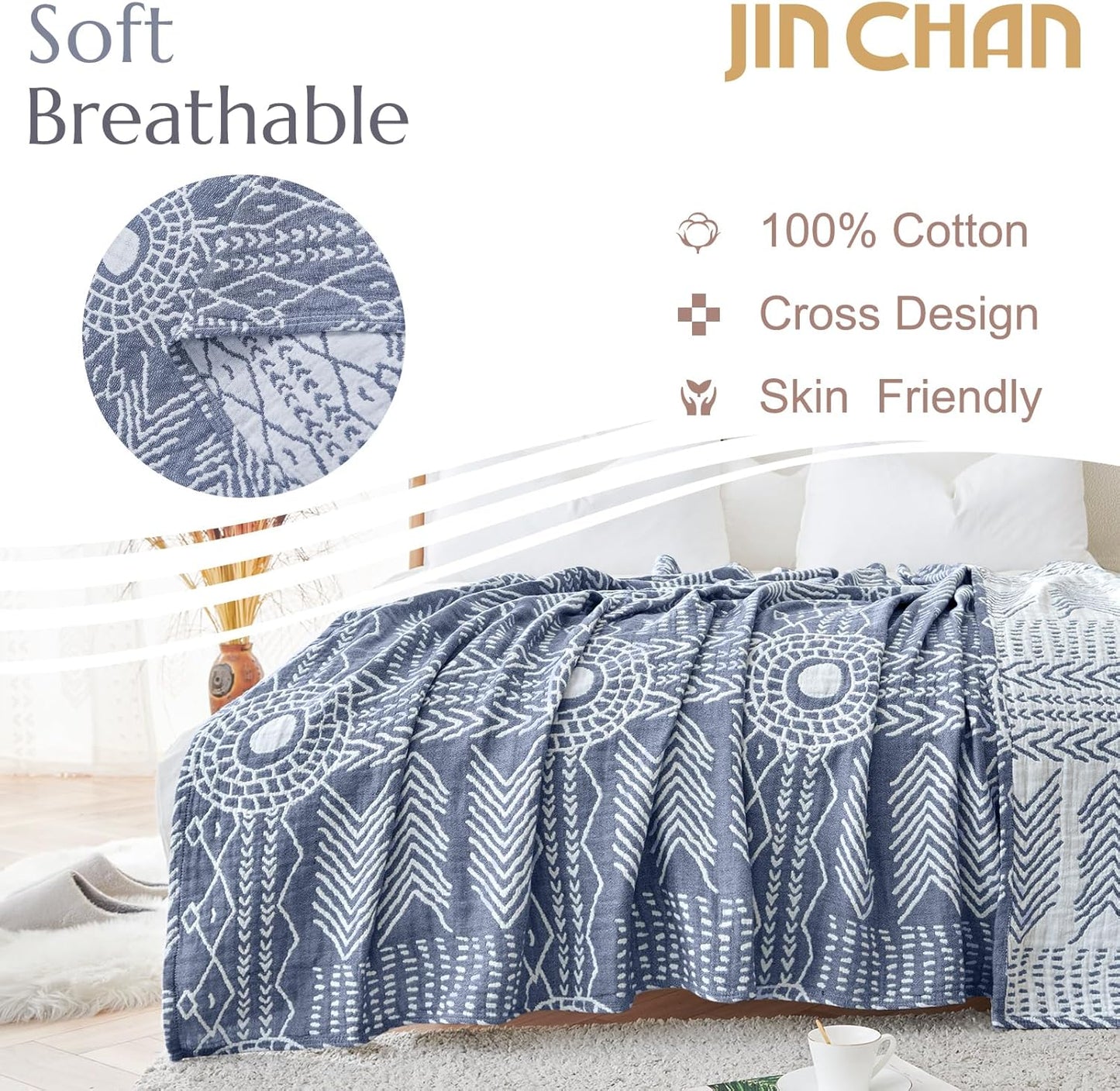 JINCHAN Boho 100% Cotton Muslin Blanket 3-Layer Twin Size Geometric Lightweight Reversible Soft