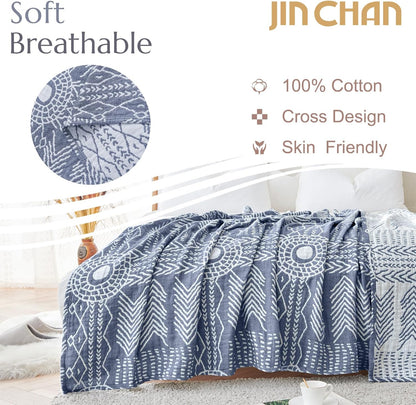jinchan Boho 100% Cotton Muslin 50x60 Throw Blanket Lightweight 3-Layer Blue Blanket Washable