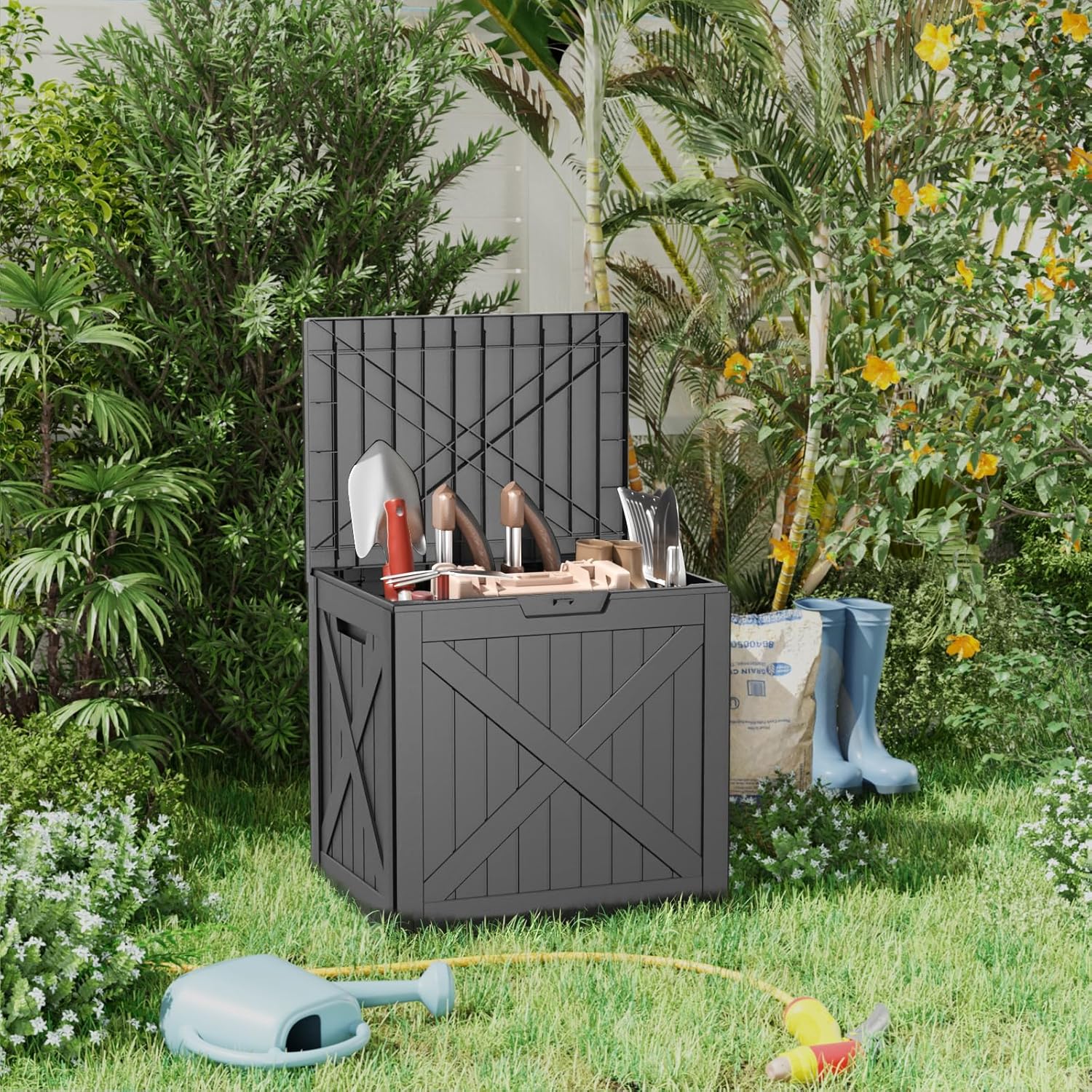 Vixzen 32 Gallon Outdoor Deck Box,Lockable Resin Waterproof Storage Box,UV Resistant,Weather