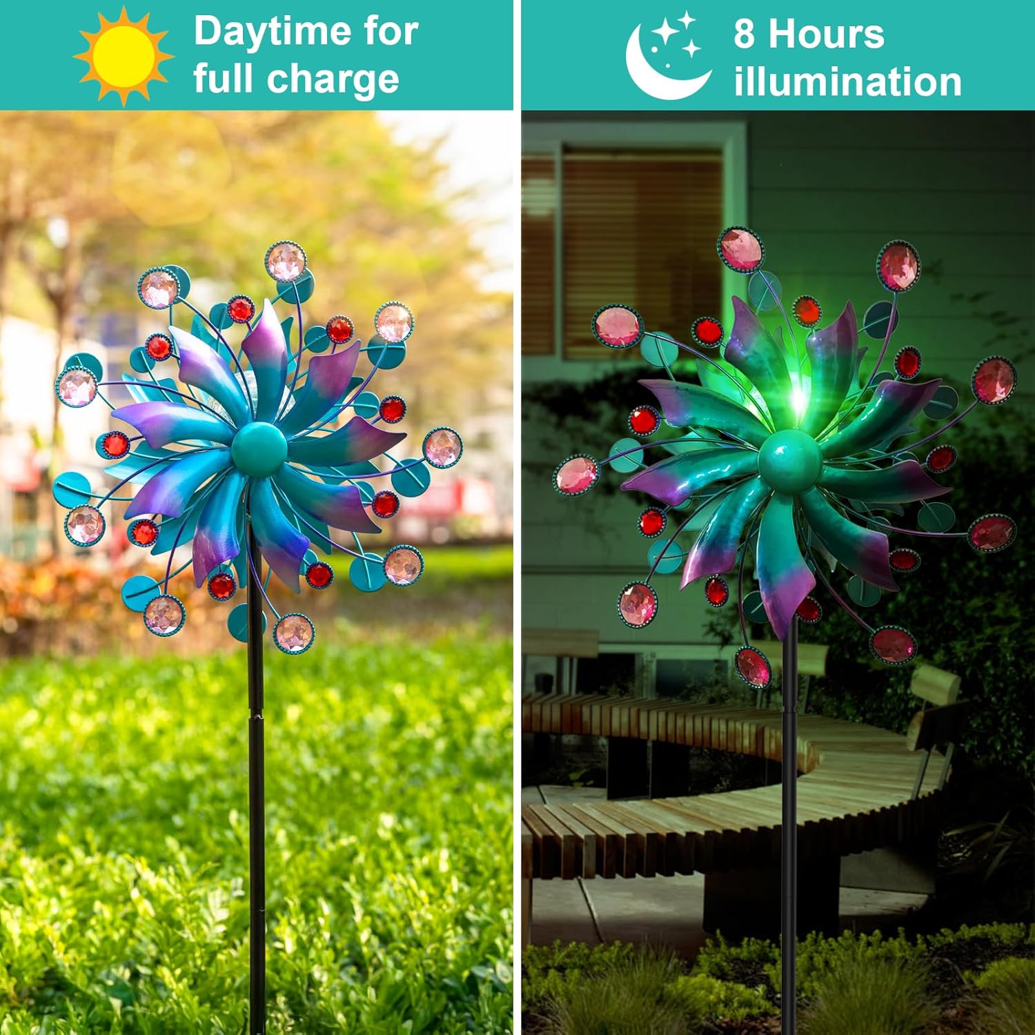 Solar Wind Spinner, 60.63 Inch Outdoor Metal Stake Yard Spinners, Solar Powered Multi-Color LED