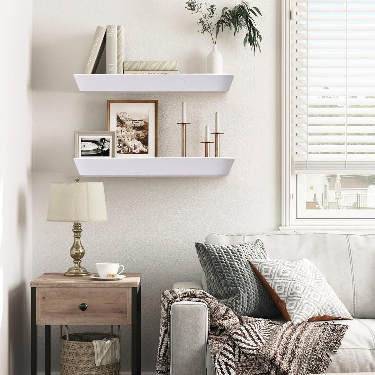 16"x6.8"x1.6" Slanted Floating Wall Shelves 2-Pack - Rustic White Finish, Heavy-Duty Solid Wood
