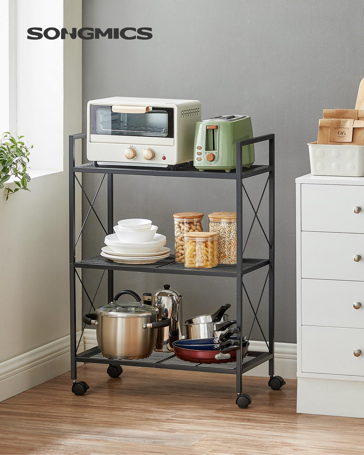 SONGMICS 3-Tier Metal Storage Rack with Wheels, Mesh Shelving Unit with X Side Frames, 23.6-Inch