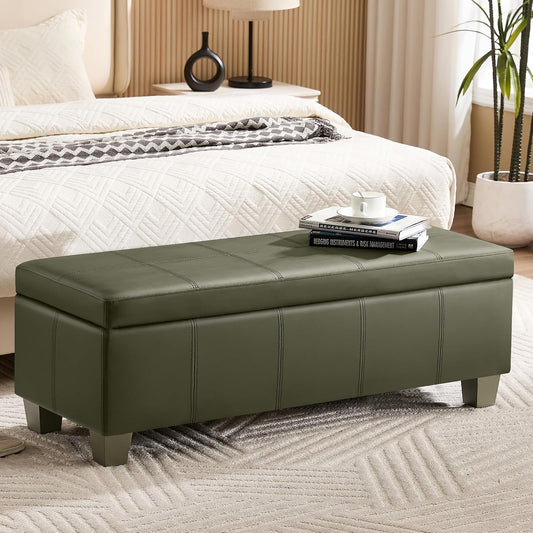 51" Faux Leather Storage Ottoman, Stitch Tufted Rectangle Upholstered End of Bed Storage Bench