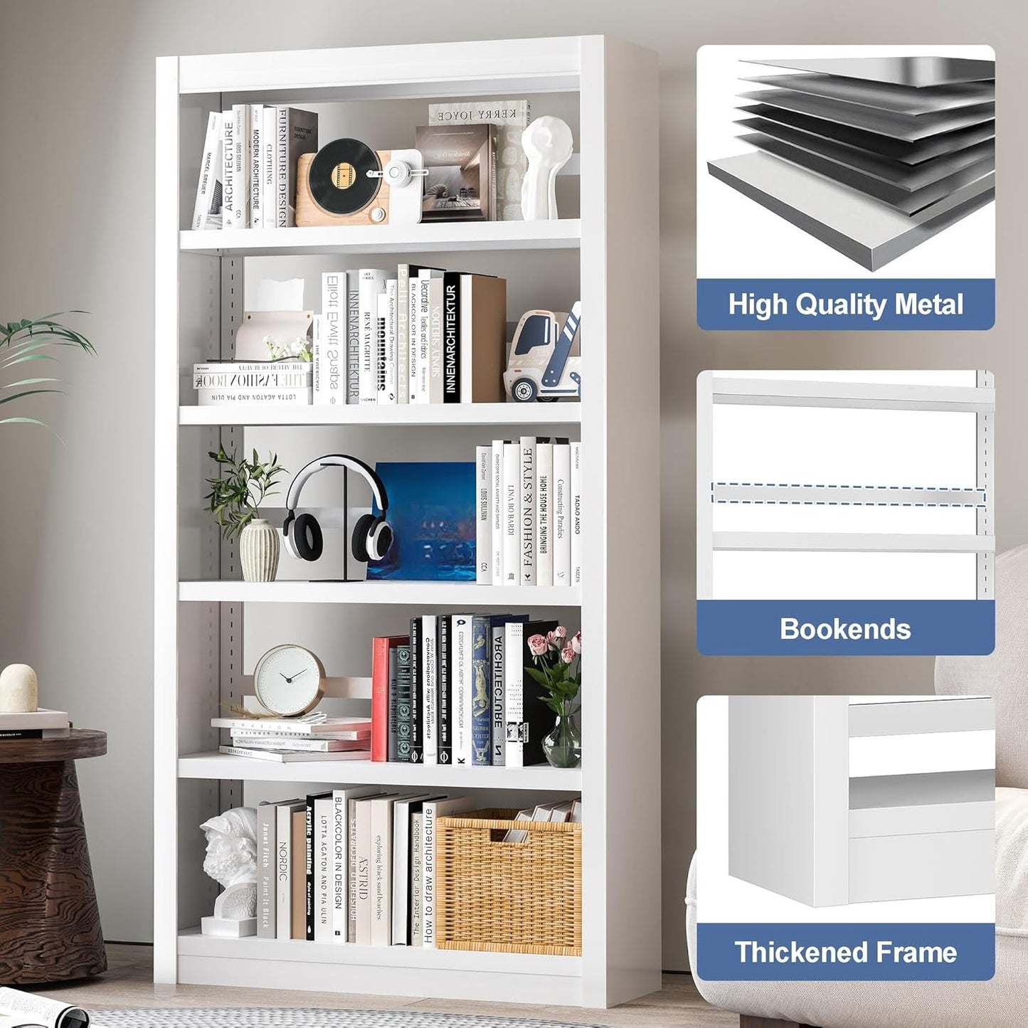 Metal Bookshelf Adjustable - 61" Tall White Bookcase, 5 Tier Book Shelf, Tooless Assembly Book
