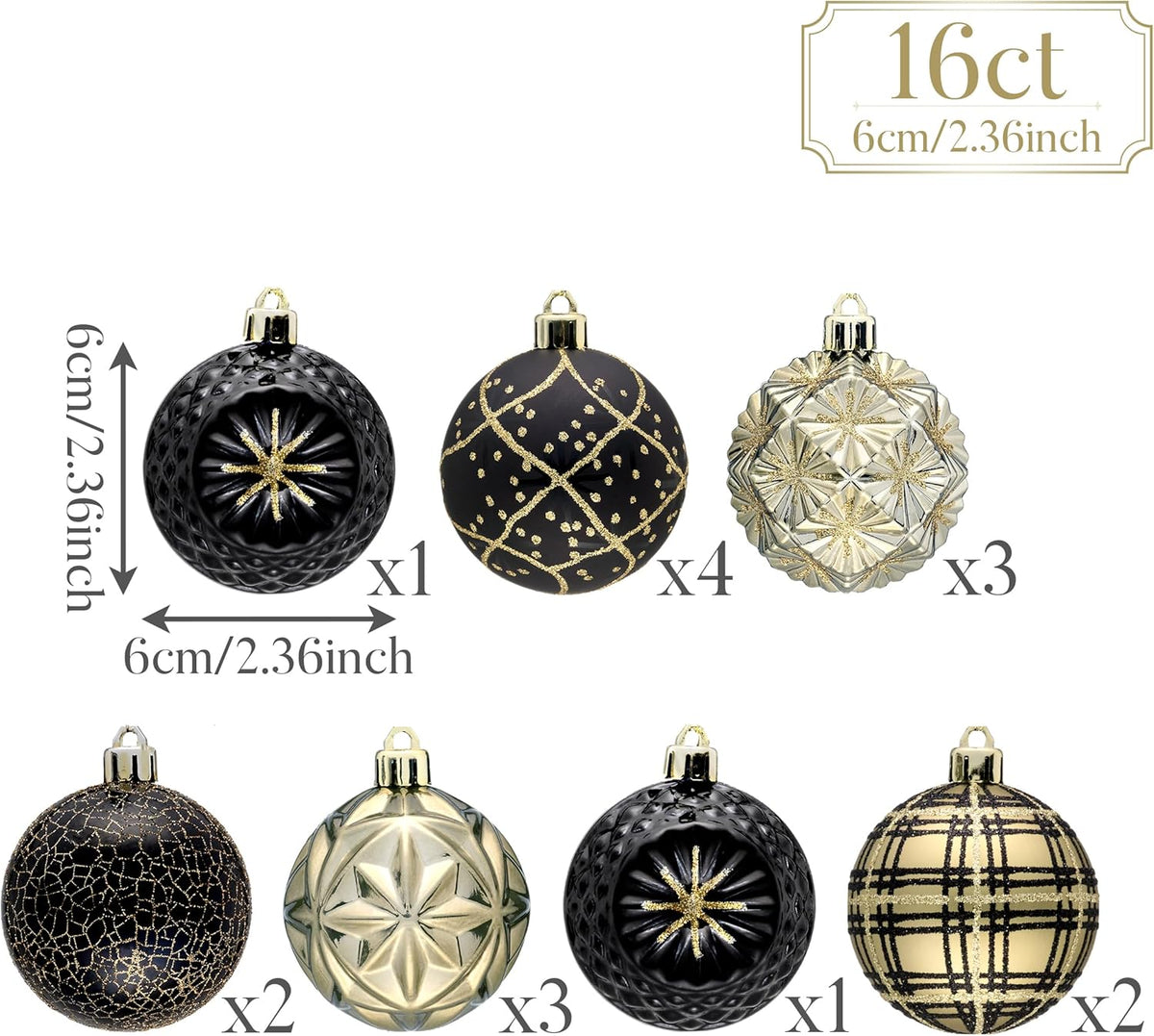 Valery Madelyn Ornaments for Christmas Trees, 16ct 2.36 Inches Black and Gold Shatterproof