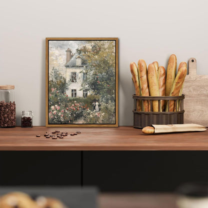 Floating Framed Canvas Vintage Wall Art, Neutral English Cottage Rose Garden Oil Paintings Print