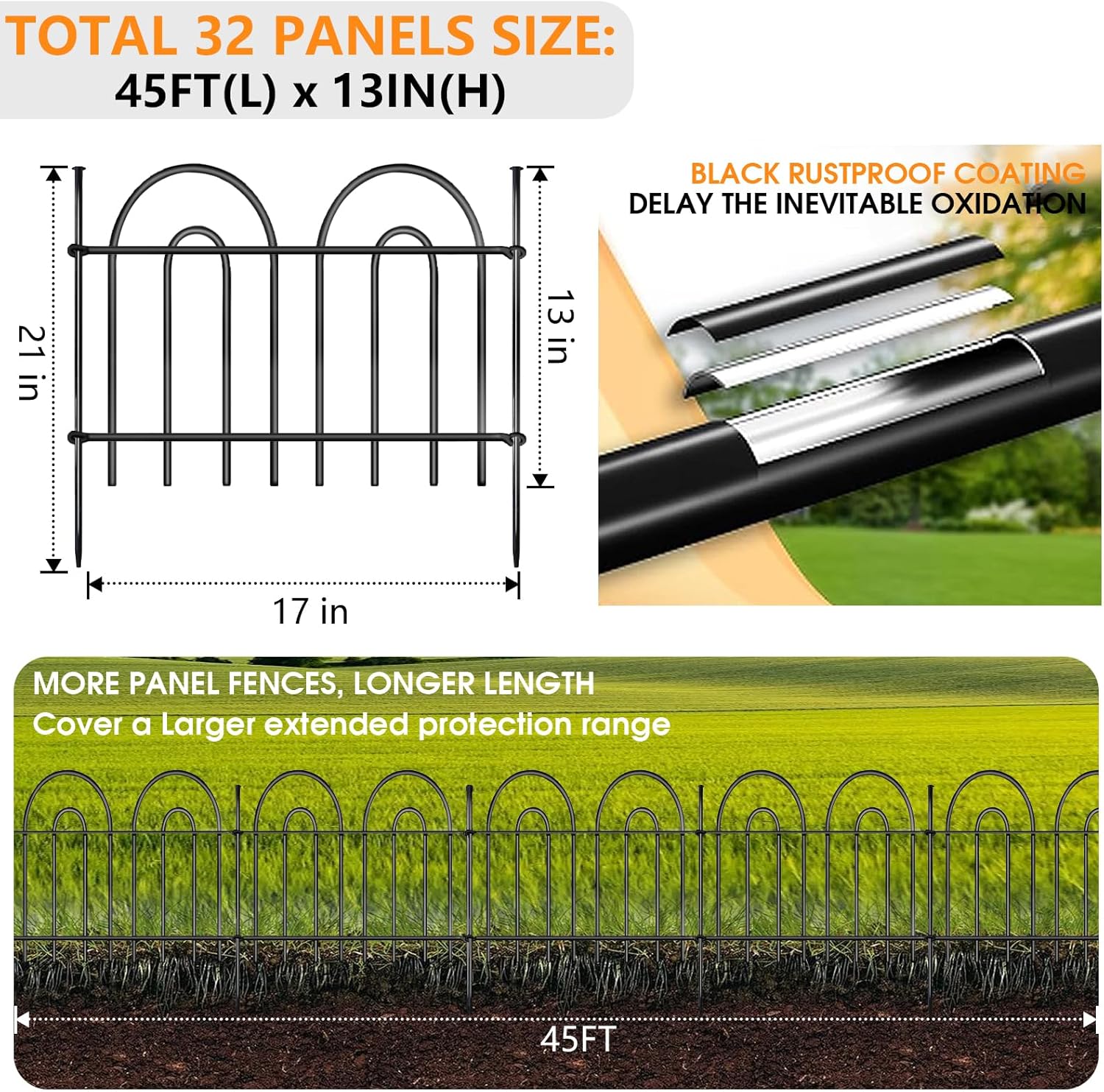 45ft X 13in Animal Barrier Fence, 32 Panels No Dig Fence for Dogs Rabbit, Anti Digging Defense