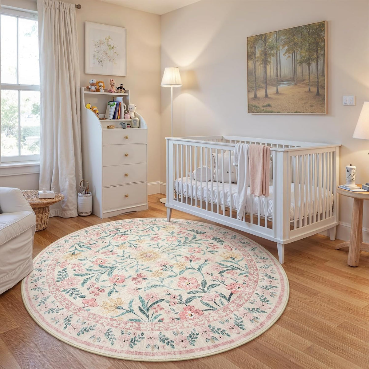 Wonnitar Washable Round Rugs 6ft, Pink Floral Circle Rug Large Round Carpet for Bedroom, Boho Soft