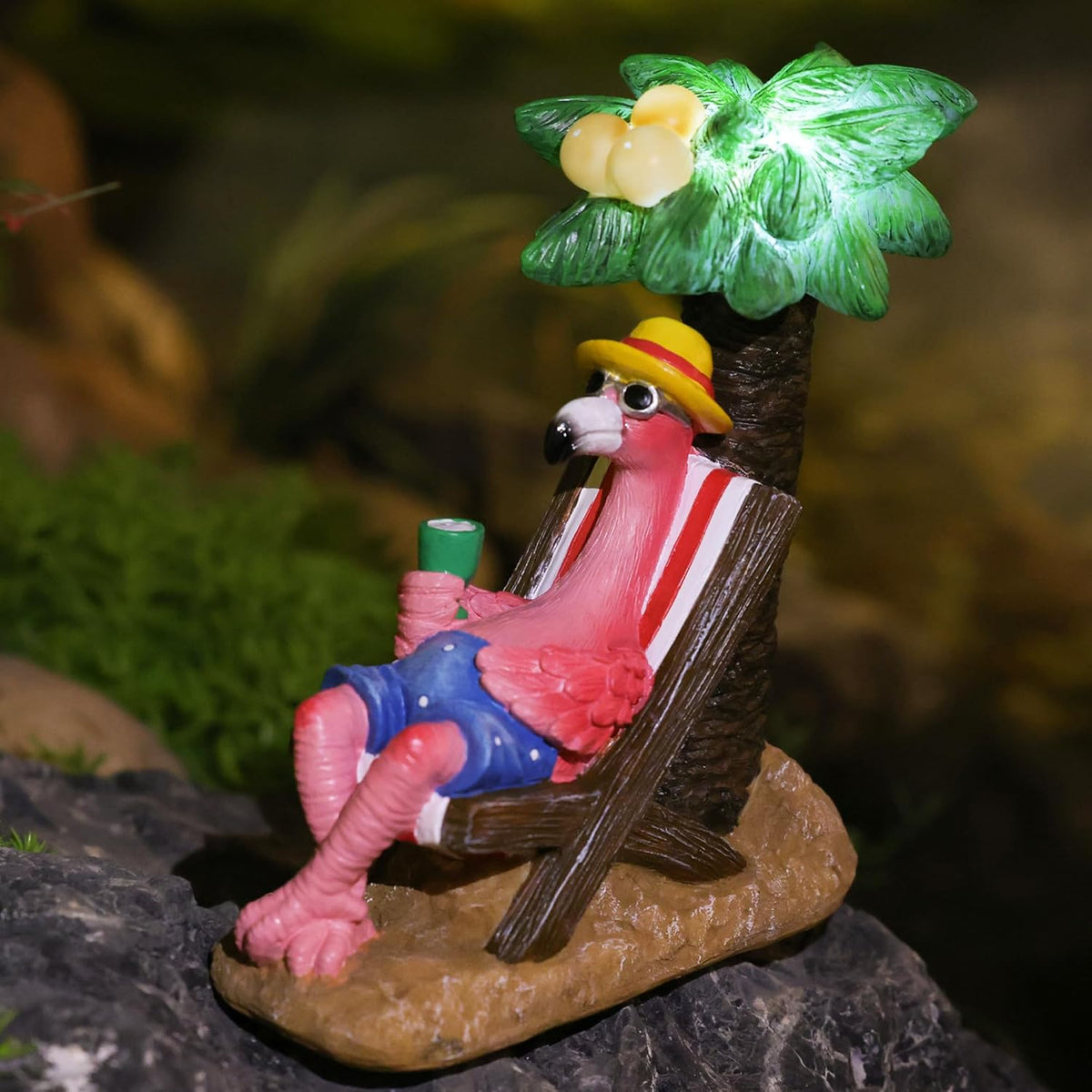 Pink Flamingos for Yard-Solar Garden Statues Gifts - Flamingos on Beach Vacation Light up Coconut