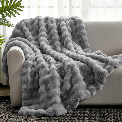 Cozy Bliss Faux Fur Throw Blanket for Couch, Fuzzy Soft Plush Thick Bubble Blanket for Sofa Bedroom
