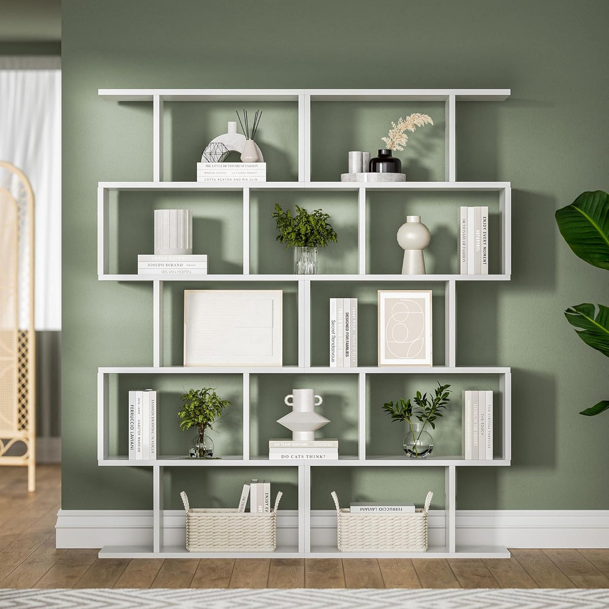 White 5-Tier Geometric Bookcase, S-Shaped Modern Bookshelf Set of 2, 62.6" Tall Room Divider Book