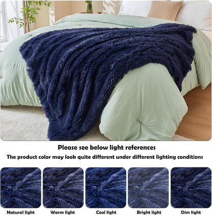 GONAAP Fuzzy Faux Fur Throw Blanket Twin Size Dark Navy Super Soft Cozy Plush Fuzzy Shaggy Blanket