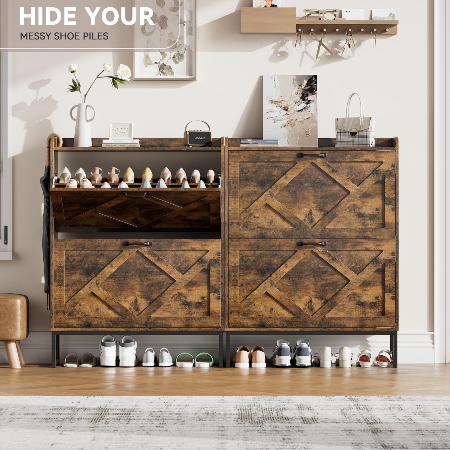 Nicetree Shoe Storage Cabinet with 2 Flip Drawers, Freestanding Wood Shoe Organizer with Metal