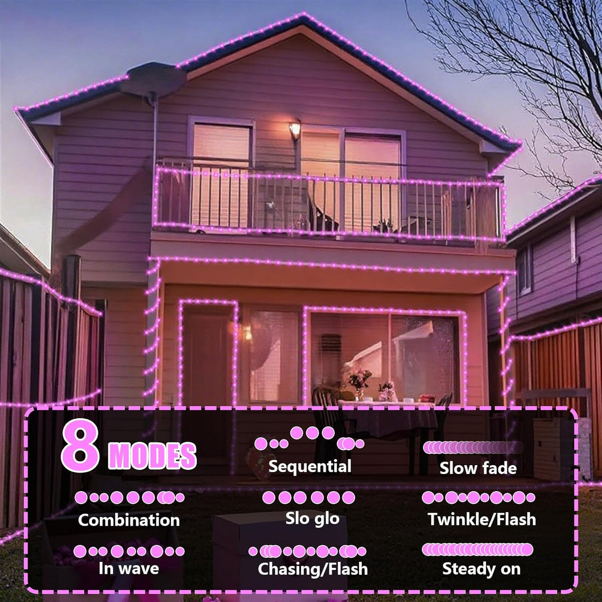 YEGUO Pink Solar Rope Lights Outdoor Waterproof, 2 Packs Each 33ft 100 LED String Lights for