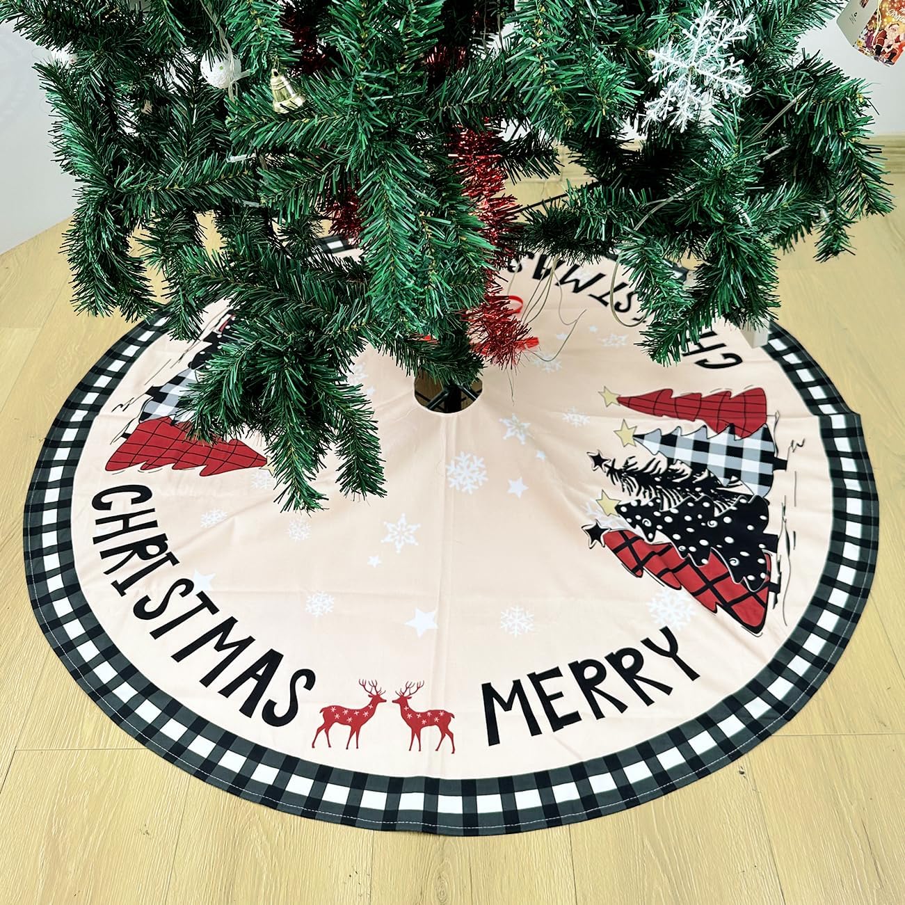 Christmas Tree Skirt 48 Inches Black White Buffalo Plaid Xmas Tree Skirt with Snowflake Merry