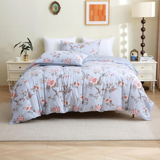 ABREEZE Floral Duvet Cover Queen Size Set Bird Flowers Bedding Set 100% Brushed Cotton Bedding