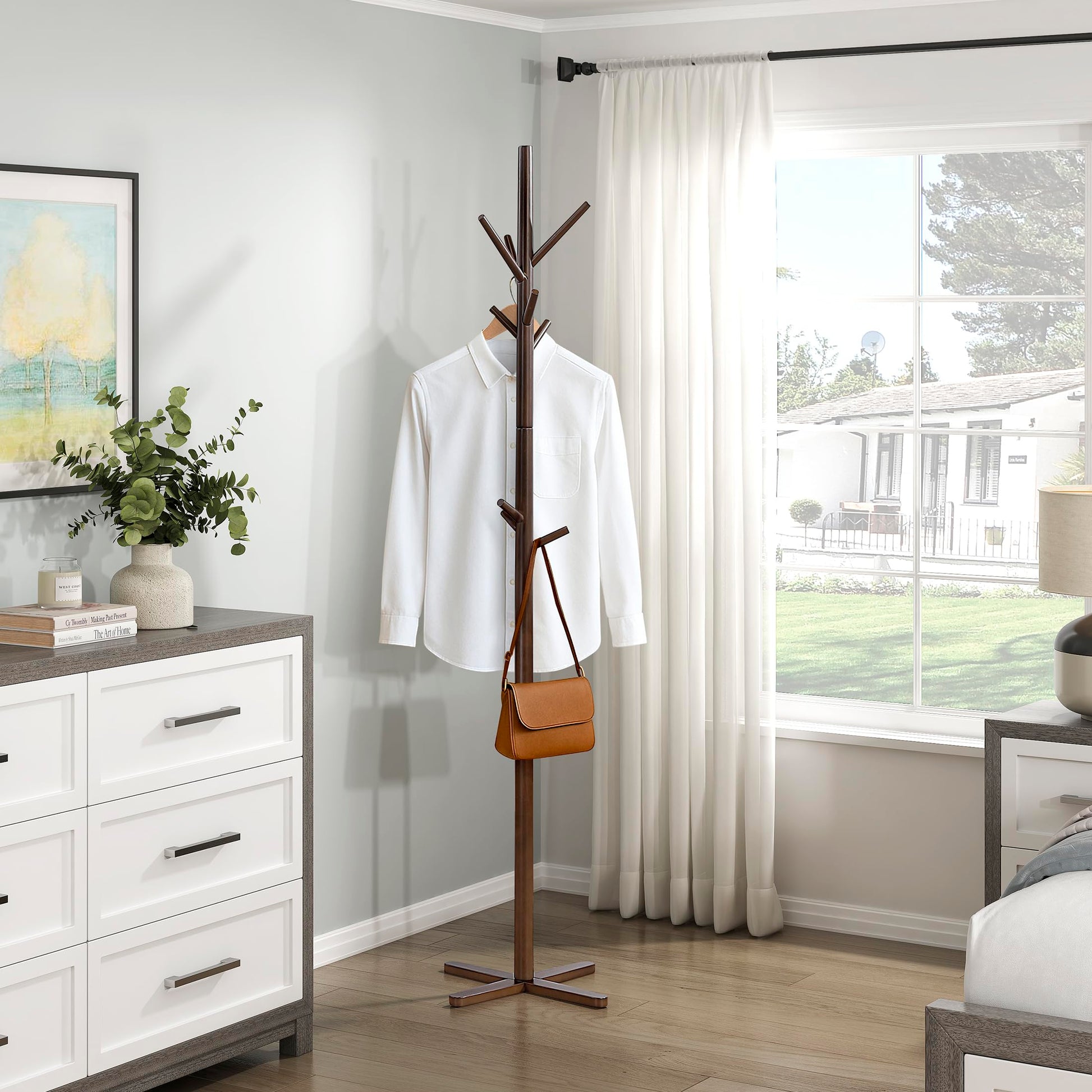 Lexicon Sturdy Solid Wood Coat Rack Stand with 9 Hanging Hooks for Hats,Scarves, Handbags, 3-Tier