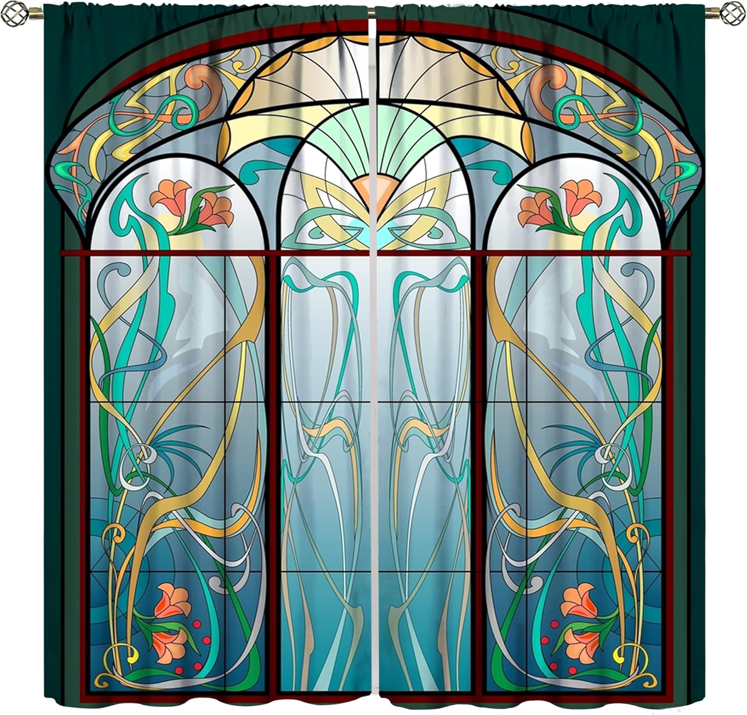 Stained Glass Curtains, Retro Mid Century Boho Abstract Art Home Decor Drapes for Bedroom Living