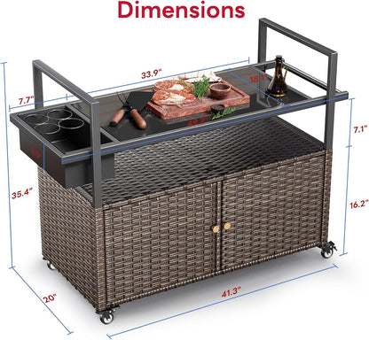Outdoor Bar Cart with Storage Cabinet, Outdoor Grill Cart with Wheels, Rattan Bar Cart with