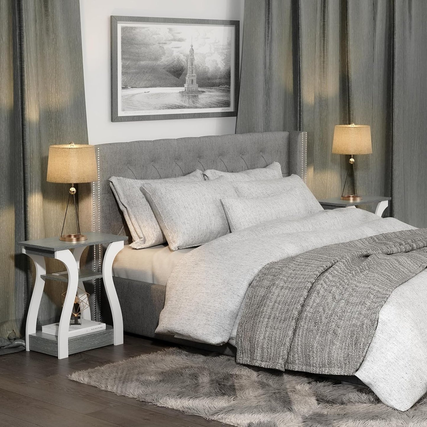 End Tables Living Room Set of 2,Grey End Table with Charging Station,Grey Side Table, Nightstand