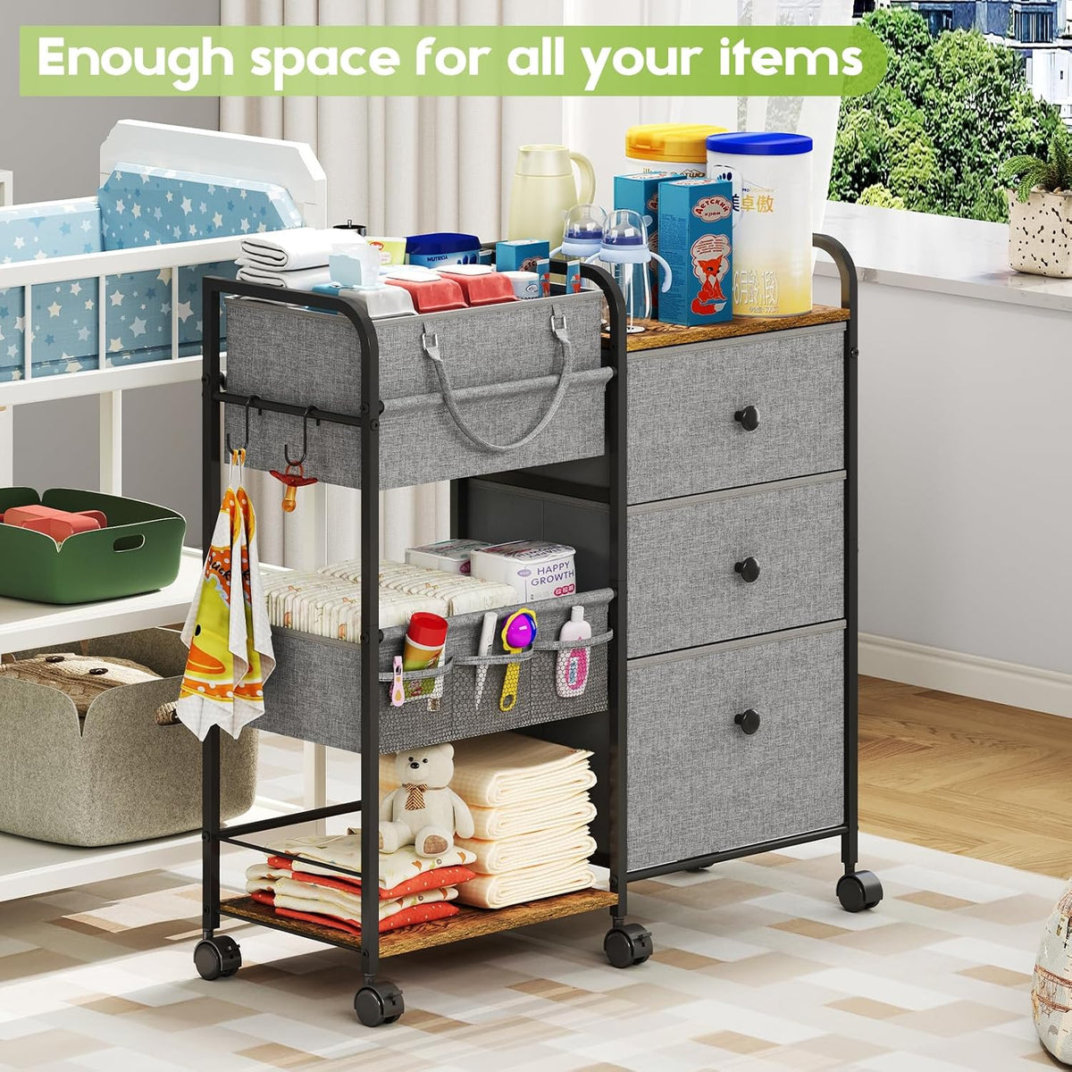 2In1 Baby Diaper Caddy Organizer and Storage, 3 Tier Rolling Cart with Dividers and Drawers, Mobile