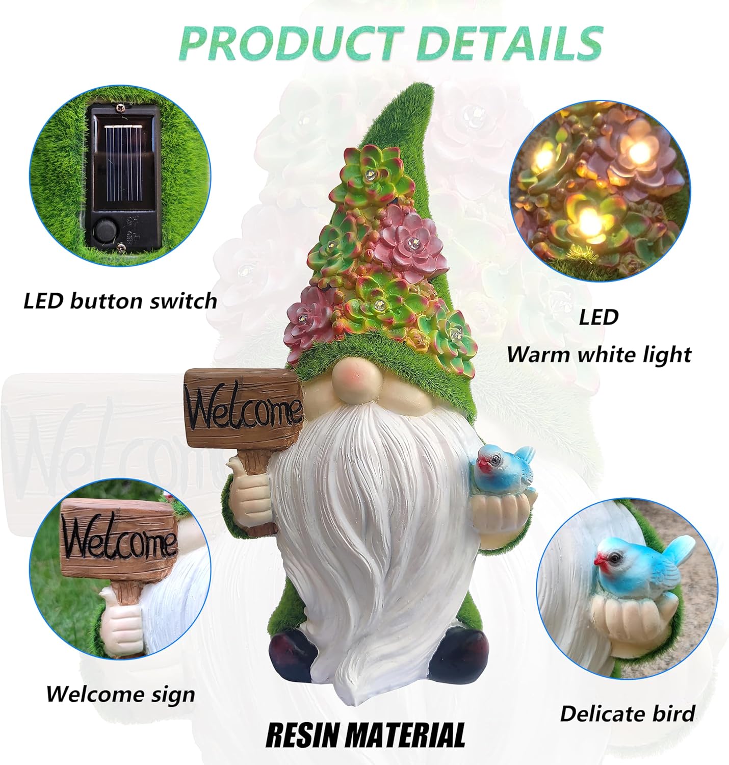 Solar Gnomes Garden Statues,Resin Gnome Figurine Holding Welcome Card and Bird with Solar Lights